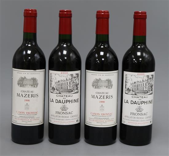 Four bottles of Chateau Mazeris, 1990 and five Chateau La Dauphine, 2000